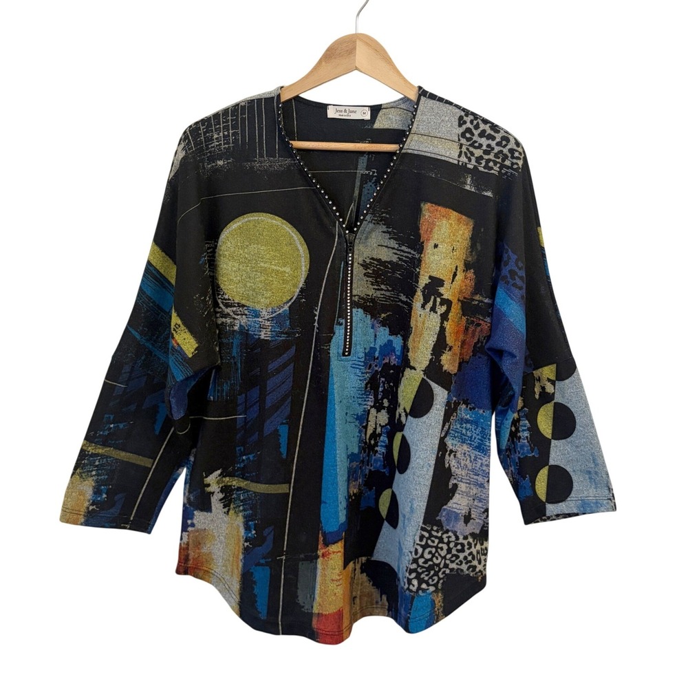 Jess & Jane Abstract Print Tunic Top M Rhinestone Zipper Artsy Fleece Eclectic